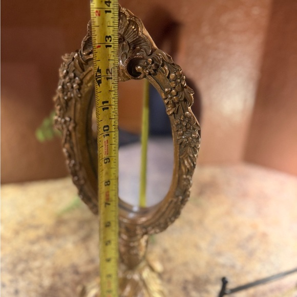 Vintage Gold Baroque Resin Floral Pattern Standing Table Mirror 14 Inches Tall - Picture 7 of 11